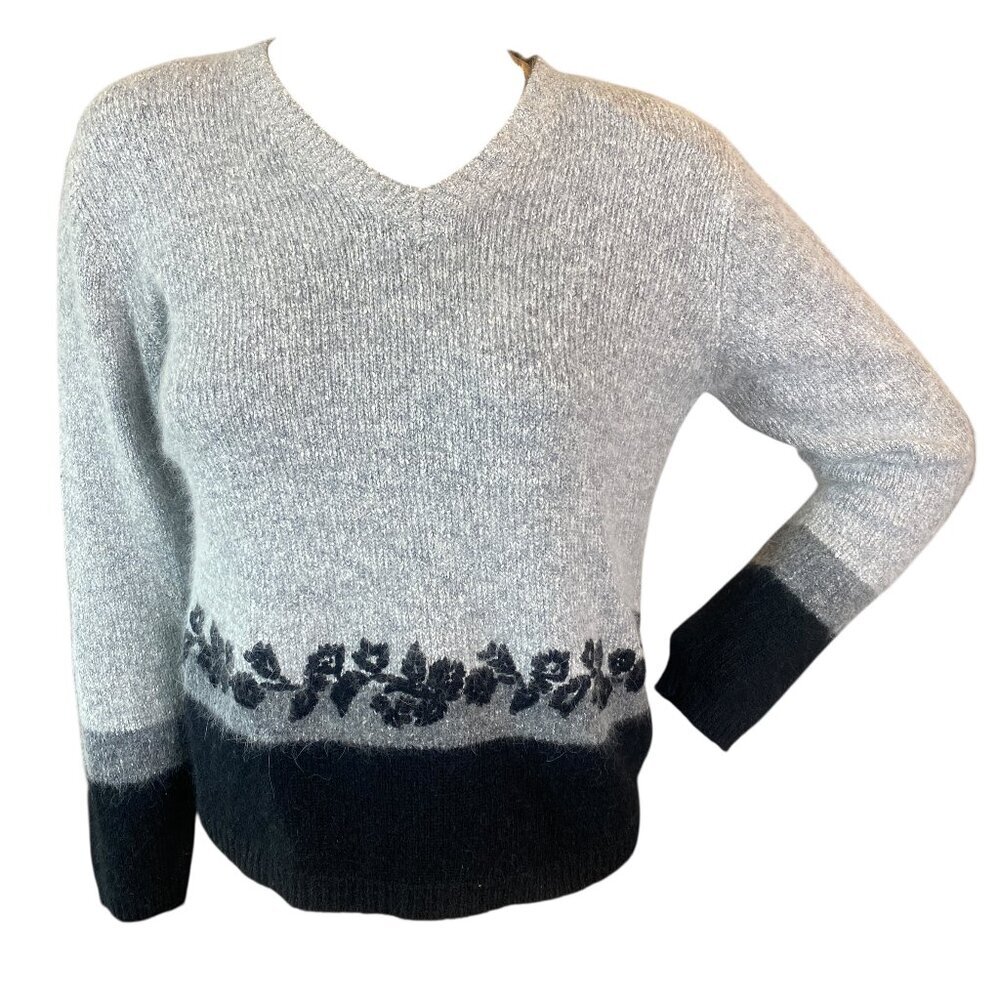 VTG Garland Super Soft‎ Silk Angora Blend V-Neck Sweater Gray/Black Sz M #289P